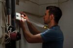 A repairman fixes a heating system in a new home.